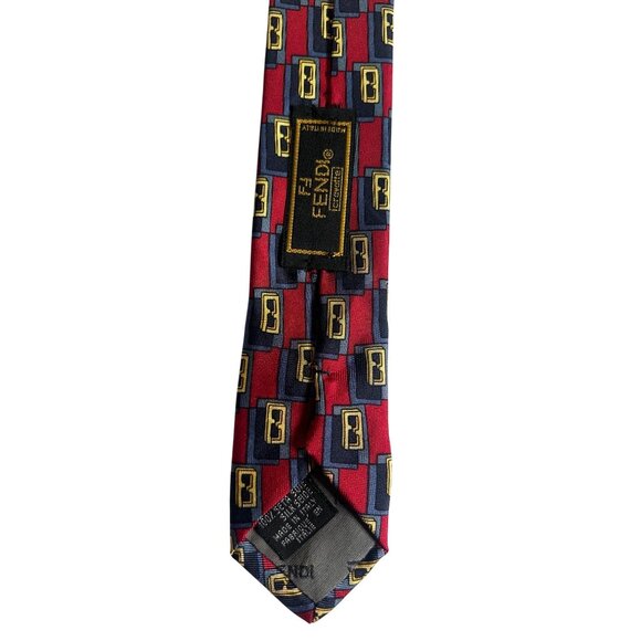 Fendi Men's Silk Geometric Pattern Tie - Red & Blue - Picture 3 of 9